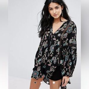 Free People Just the Two of Us Floral Black Tunic Top Small
